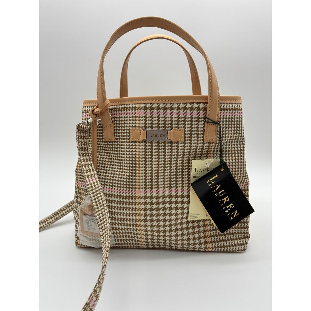 Lauren Ralph Lauren Houndstooth Mini Tote Bag Brown Pink Tan NWT